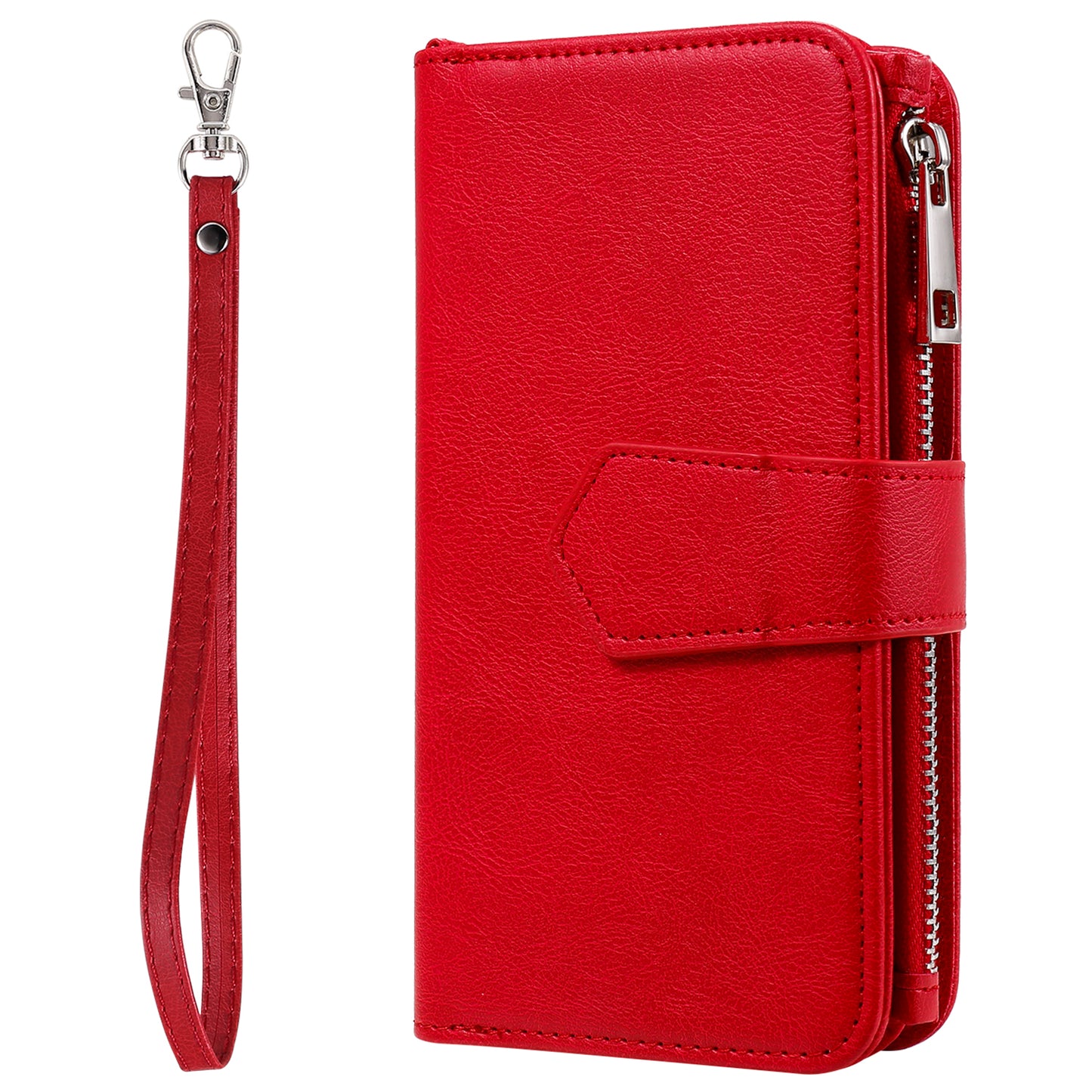 For iPhone 17 Pro Max Magnetic Leather Case Mobile Cover with Detachable Zipper Wallet Strap - Red