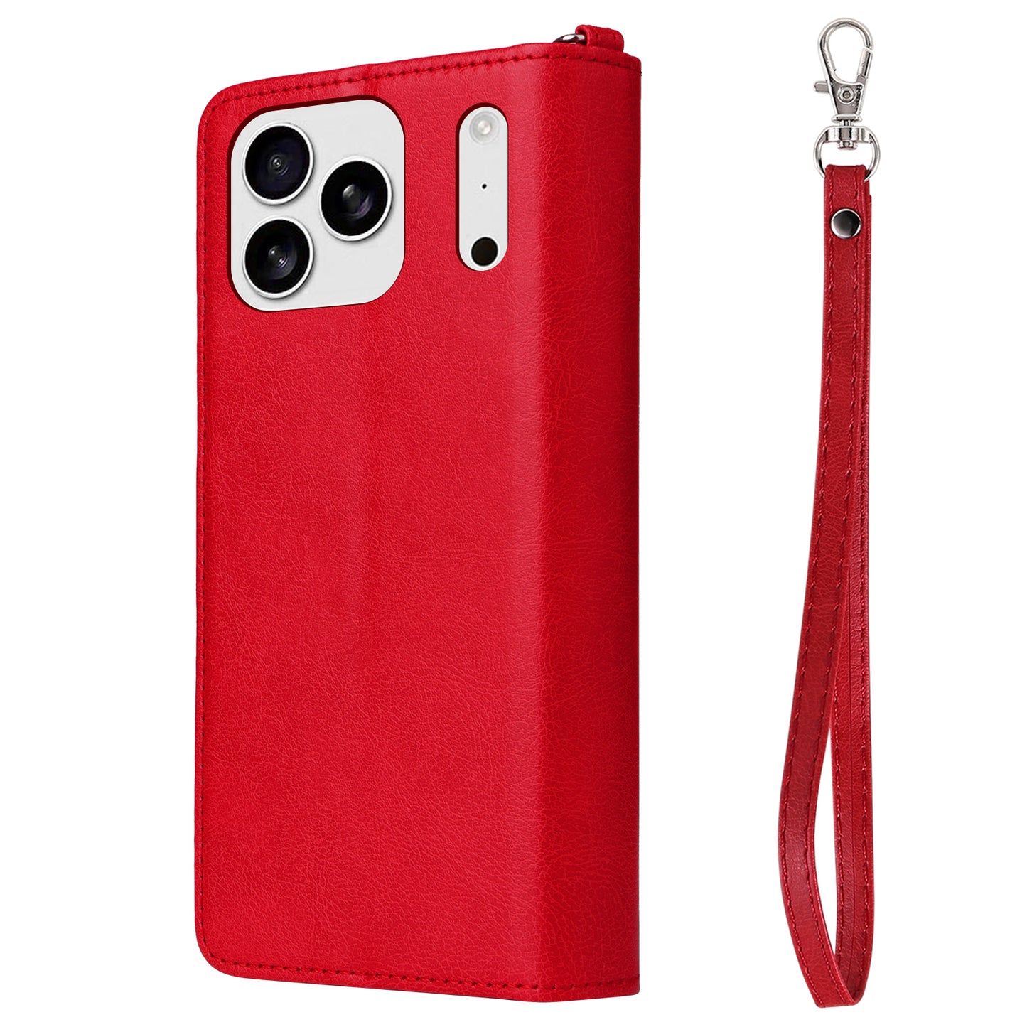 For iPhone 17 Pro Max Magnetic Leather Case Mobile Cover with Detachable Zipper Wallet Strap - Red