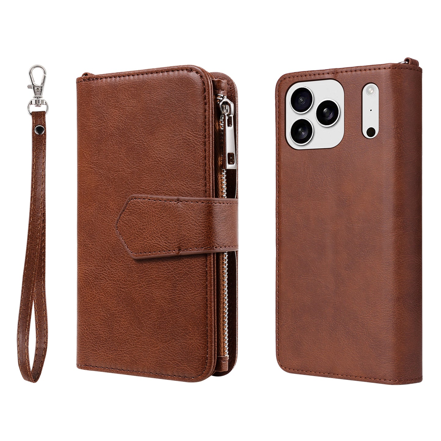 For iPhone 17 Pro Max Magnetic Leather Case Mobile Cover with Detachable Zipper Wallet Strap - Brown