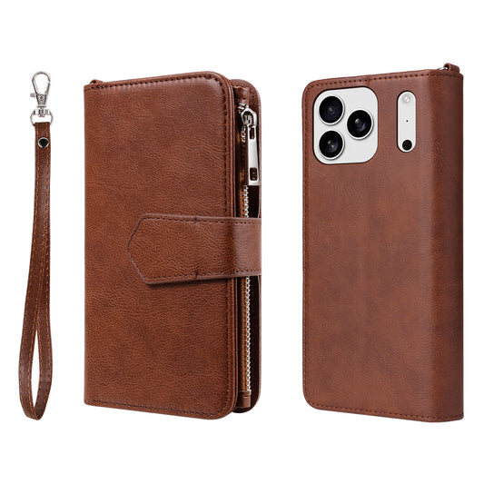 For iPhone 17 Pro Max Magnetic Leather Case Mobile Cover with Detachable Zipper Wallet Strap - Brown