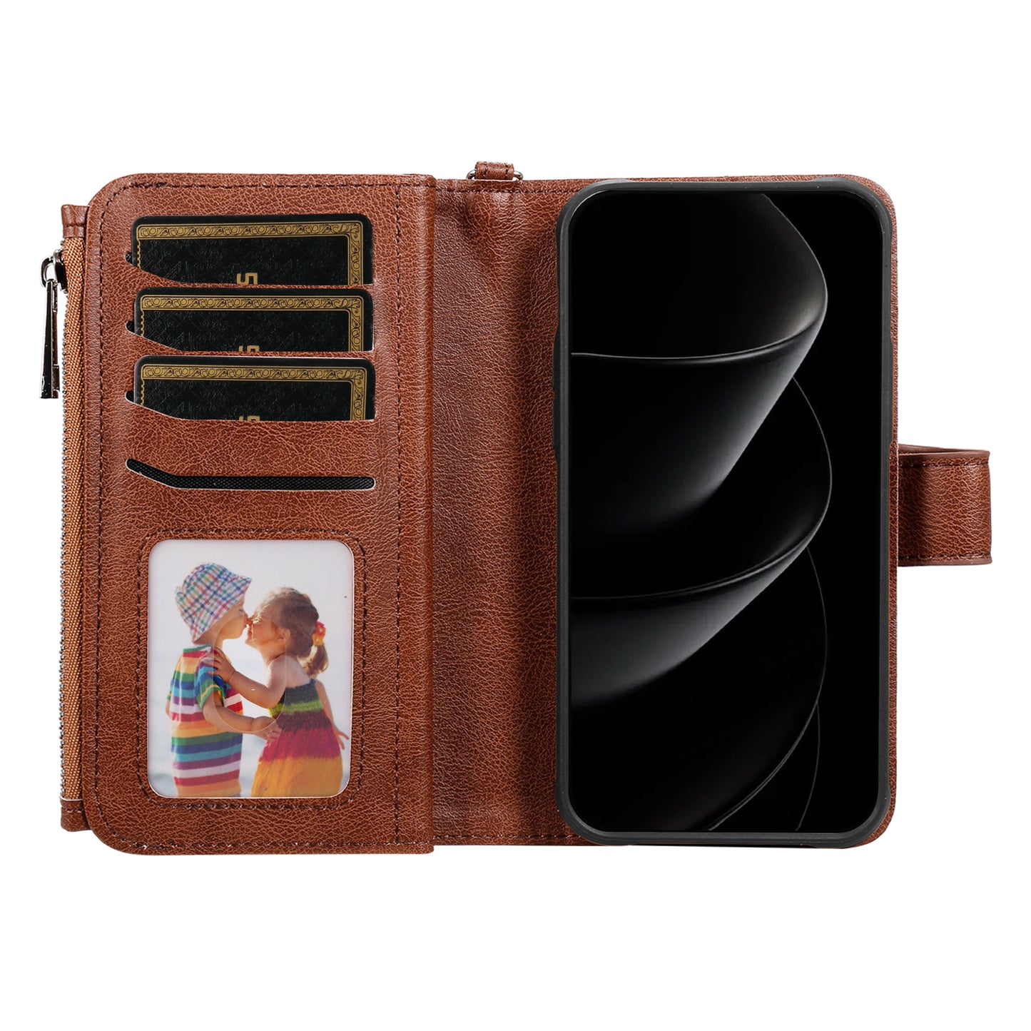 For iPhone 17 Pro Max Magnetic Leather Case Mobile Cover with Detachable Zipper Wallet Strap - Brown