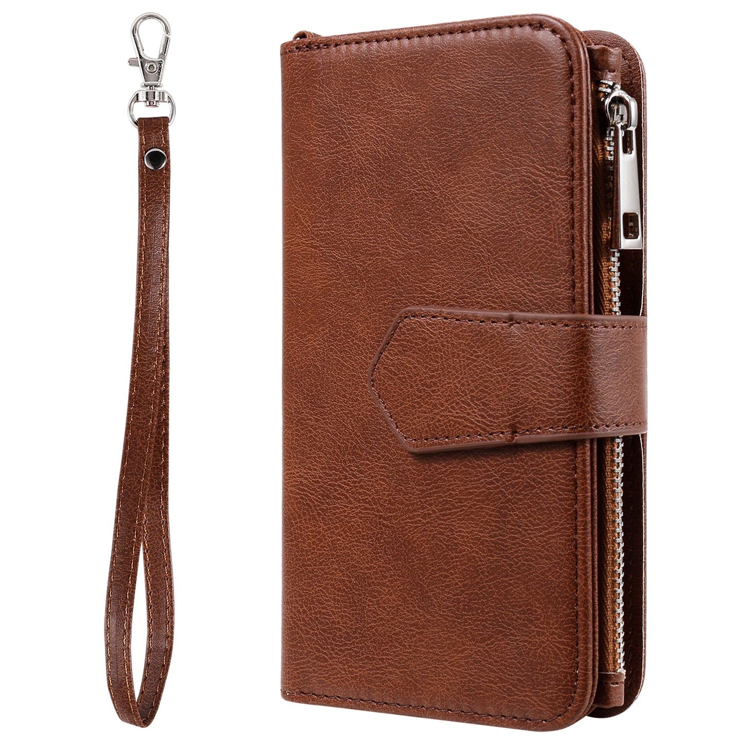 For iPhone 17 Pro Max Magnetic Leather Case Mobile Cover with Detachable Zipper Wallet Strap - Brown