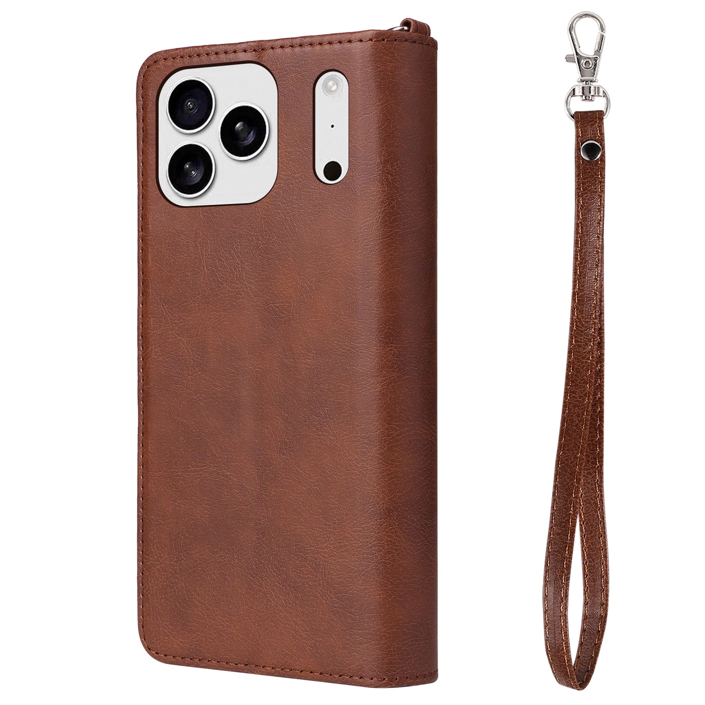 For iPhone 17 Pro Max Magnetic Leather Case Mobile Cover with Detachable Zipper Wallet Strap - Brown