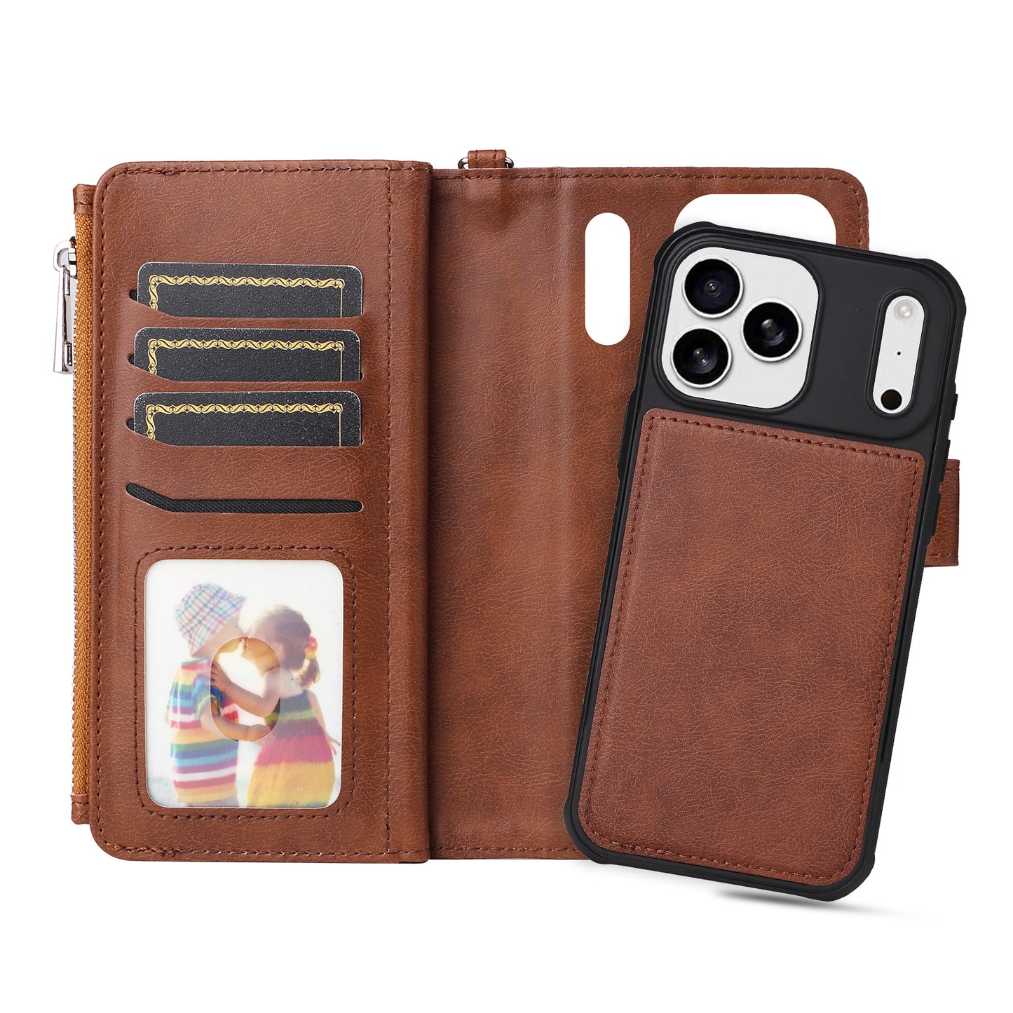 For iPhone 17 Pro Max Magnetic Leather Case Mobile Cover with Detachable Zipper Wallet Strap - Brown