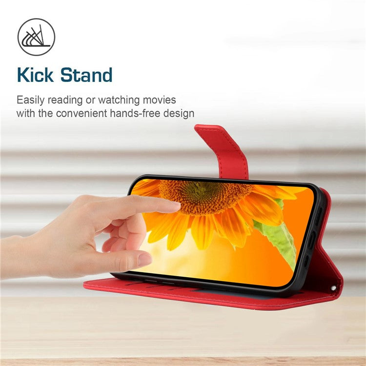 For Samsung Galaxy M13 4G (Global Version) HT04 Splash-proof Skin-touch PU Leather Cellphone Guard Cover Imprinted Sunflower Stand Wallet Phone Case with Strap - Red