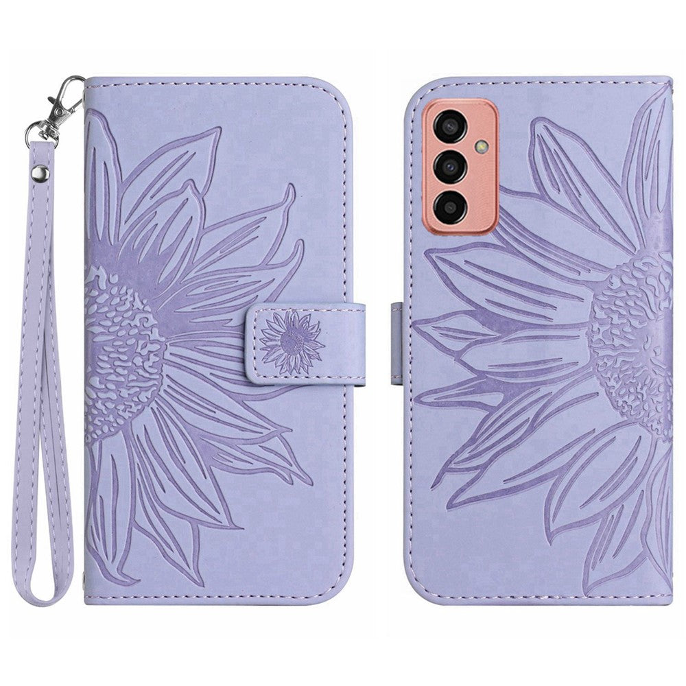 For Samsung Galaxy M13 4G (Global Version) HT04 Splash-proof Skin-touch PU Leather Cellphone Guard Cover Imprinted Sunflower Stand Wallet Phone Case with Strap - Light Purple