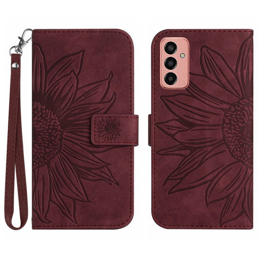 For Samsung Galaxy M13 4G (Global Version) HT04 Splash-proof Skin-touch PU Leather Cellphone Guard Cover Imprinted Sunflower Stand Wallet Phone Case with Strap - Wine Red