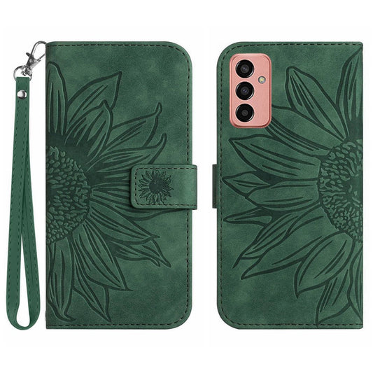For Samsung Galaxy M13 4G (Global Version) HT04 Splash-proof Skin-touch PU Leather Cellphone Guard Cover Imprinted Sunflower Stand Wallet Phone Case with Strap - Dark Green