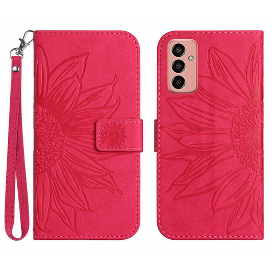 For Samsung Galaxy M13 4G (Global Version) HT04 Splash-proof Skin-touch PU Leather Cellphone Guard Cover Imprinted Sunflower Stand Wallet Phone Case with Strap - Rose