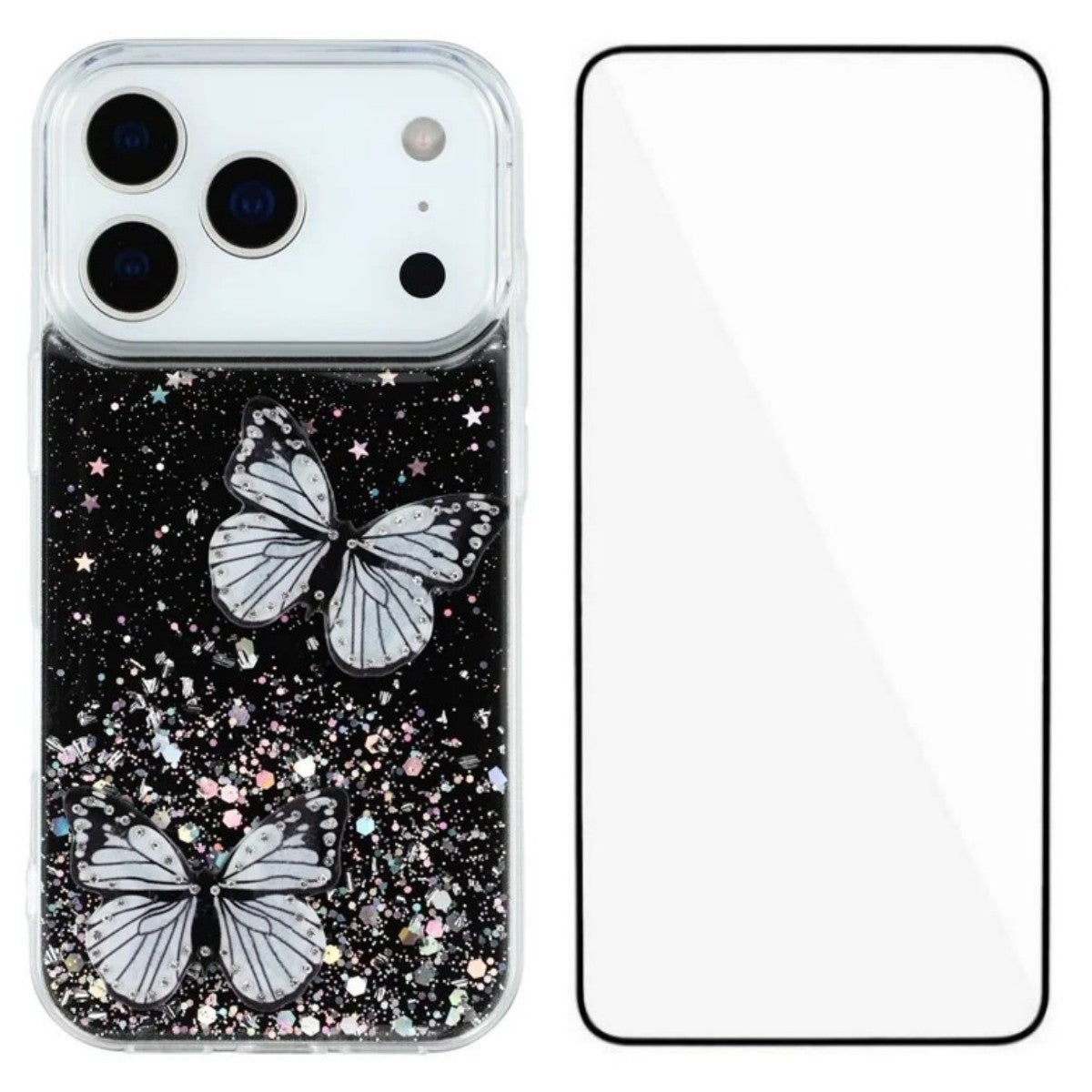 For iPhone 17 Pro Max TPU Case WANLONFENG AW Series PVC Butterfly Epoxy Phone Cover with HD Film - Black