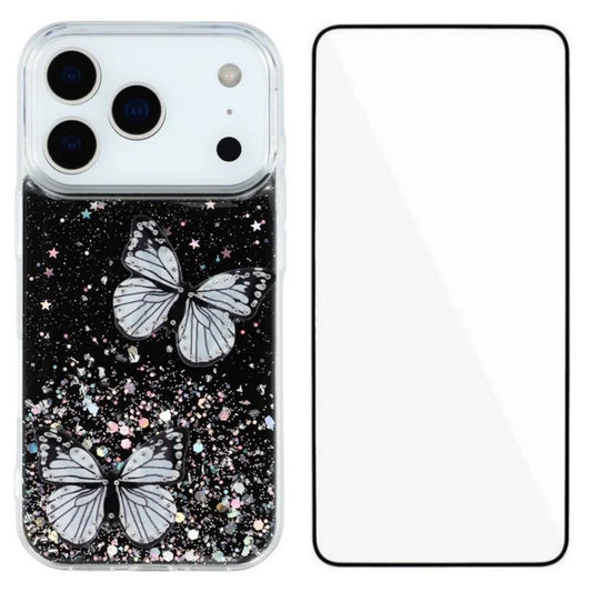 For iPhone 17 Pro Max TPU Case WANLONFENG AW Series PVC Butterfly Epoxy Phone Cover with HD Film - Black