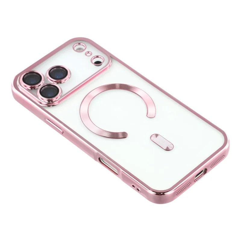 For iPhone 17 Pro Max Magnetic Case WANLONFENG Full Protection Electroplated TPU Cover with Tempered Glass - Pink