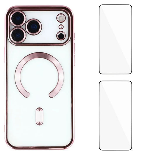 For iPhone 17 Pro Max Magnetic Case WANLONFENG Electroplated TPU Cover with Lens Film + 2Pcs Tempered Glass - Pink