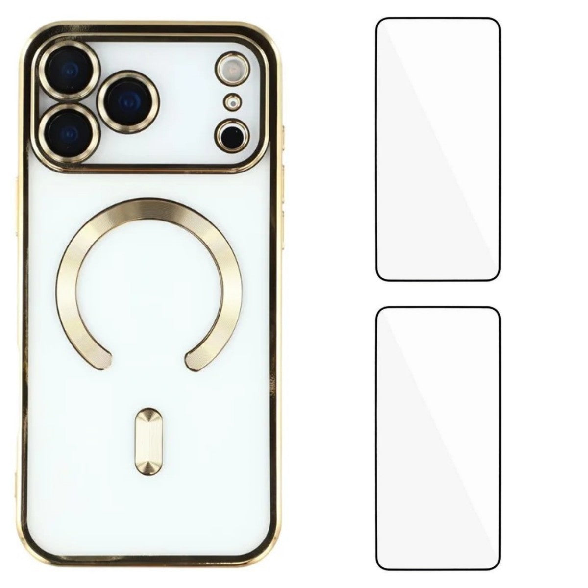For iPhone 17 Pro Max Magnetic Case WANLONFENG Electroplated TPU Cover with Lens Film + 2Pcs Tempered Glass - Gold
