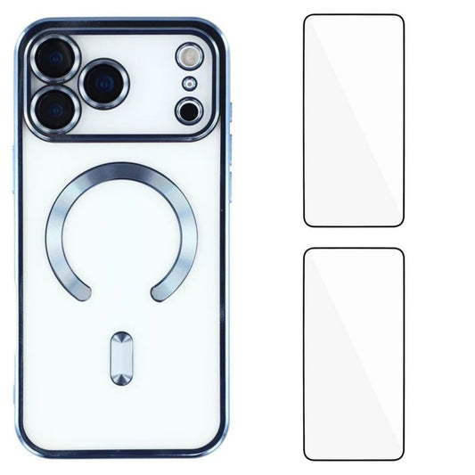 For iPhone 17 Pro Max Magnetic Case WANLONFENG Electroplated TPU Cover with Lens Film + 2Pcs Tempered Glass - Blue