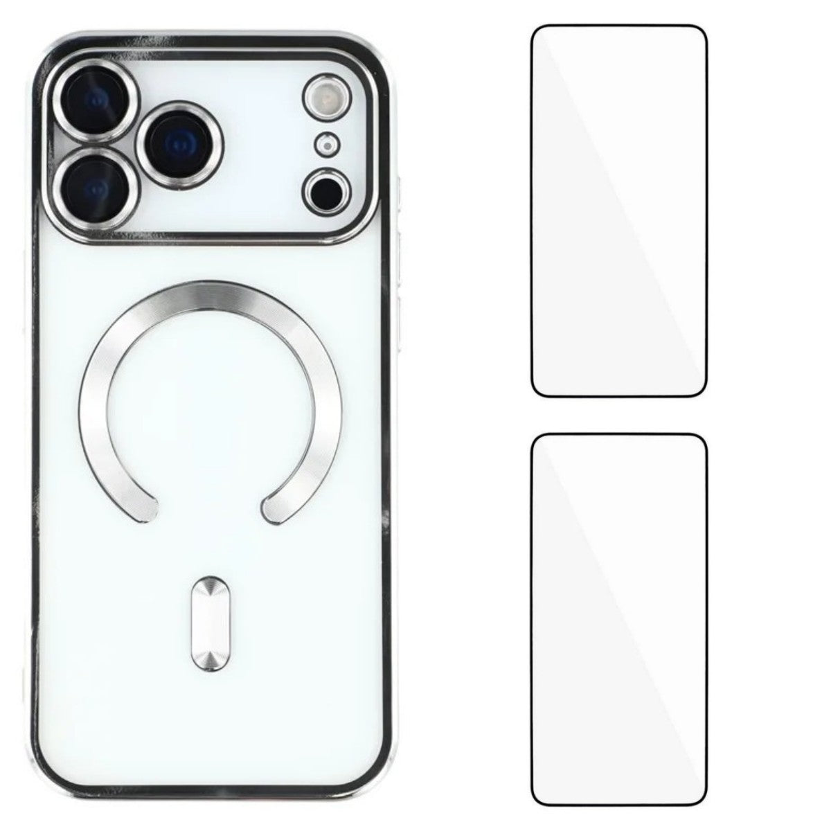 For iPhone 17 Pro Max Magnetic Case WANLONFENG Electroplated TPU Cover with Lens Film + 2Pcs Tempered Glass - Silver