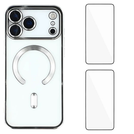 For iPhone 17 Pro Max Magnetic Case WANLONFENG Electroplated TPU Cover with Lens Film + 2Pcs Tempered Glass - Silver
