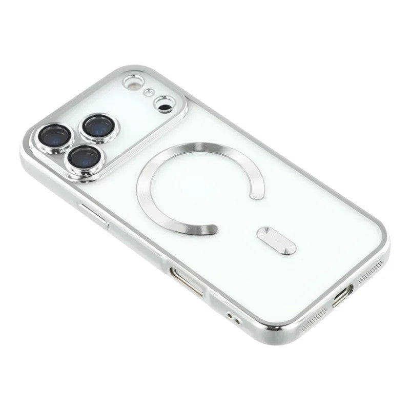 For iPhone 17 Pro Max Magnetic Case WANLONFENG Electroplated TPU Cover with Lens Film + 2Pcs Tempered Glass - Silver