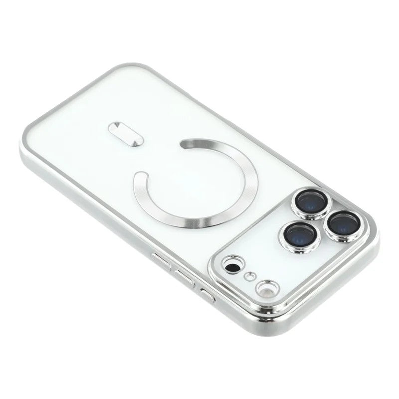 For iPhone 17 Pro Max Magnetic Case WANLONFENG Electroplated TPU Cover with Lens Film + 2Pcs Tempered Glass - Silver