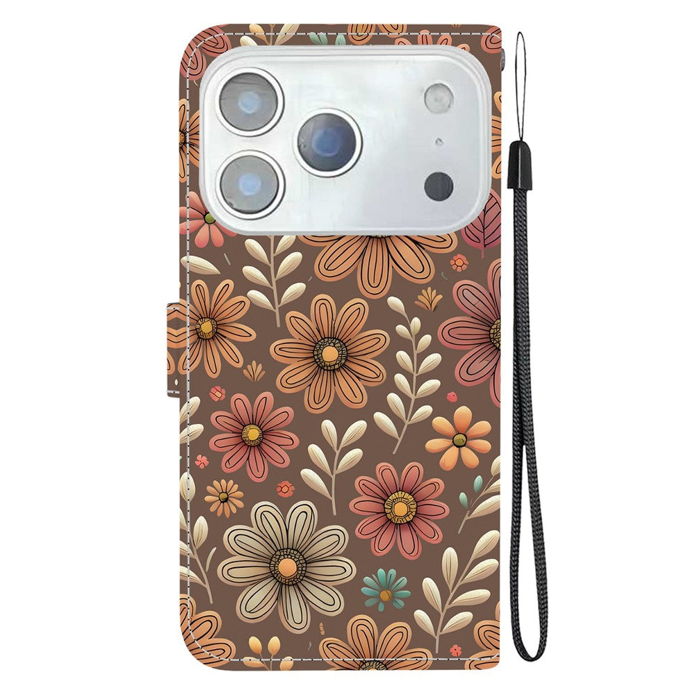 For iPhone 17 Pro Max Wallet Case Pattern Printing Leather Stand Phone Cover with Strap - Blossom
