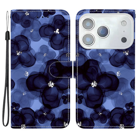 For iPhone 17 Pro Max Wallet Case Pattern Printing Leather Stand Phone Cover with Strap - Ink Blue Flower