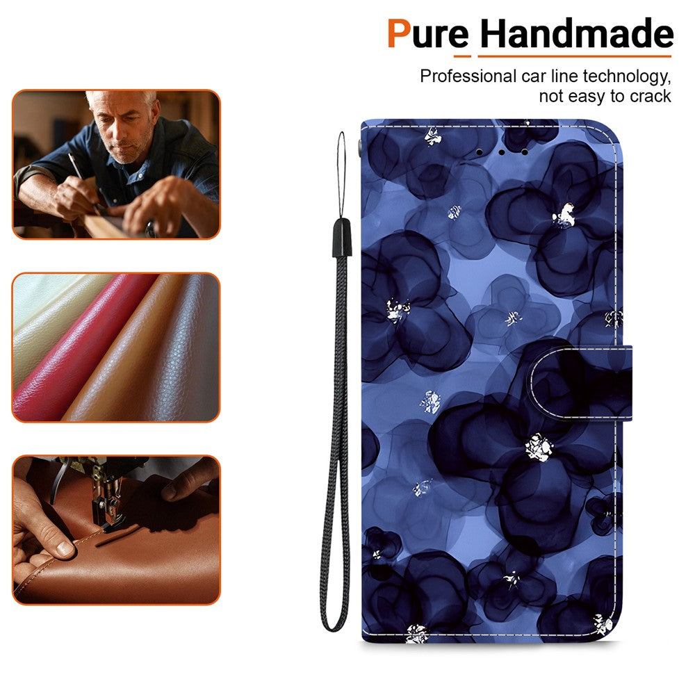 For iPhone 17 Pro Max Wallet Case Pattern Printing Leather Stand Phone Cover with Strap - Ink Blue Flower