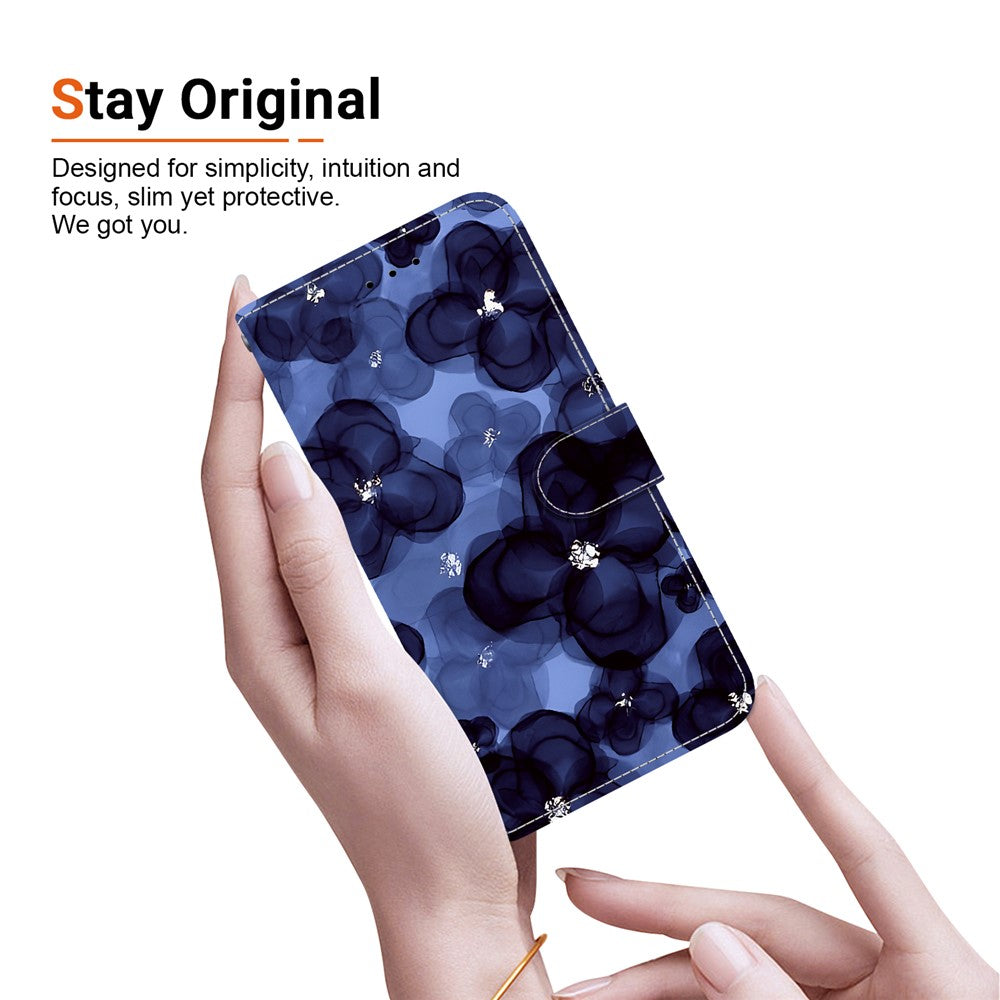 For iPhone 17 Pro Max Wallet Case Pattern Printing Leather Stand Phone Cover with Strap - Ink Blue Flower
