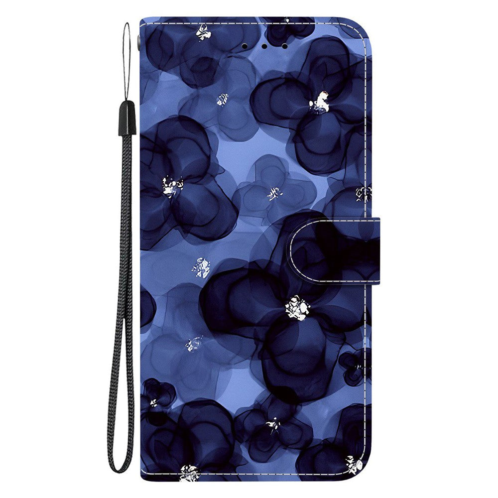 For iPhone 17 Pro Max Wallet Case Pattern Printing Leather Stand Phone Cover with Strap - Ink Blue Flower