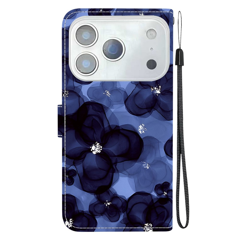 For iPhone 17 Pro Max Wallet Case Pattern Printing Leather Stand Phone Cover with Strap - Ink Blue Flower
