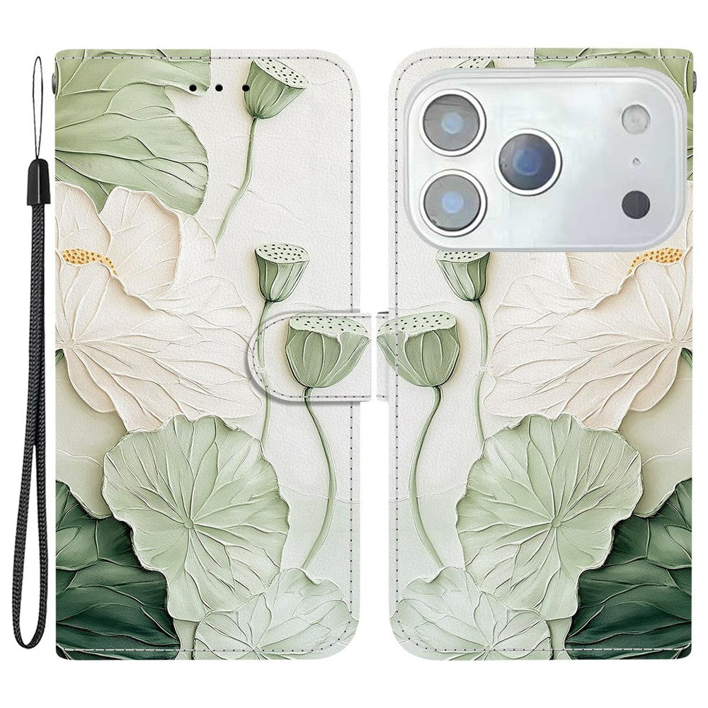 For iPhone 17 Pro Max Wallet Case Pattern Printing Leather Stand Phone Cover with Strap - Lotus