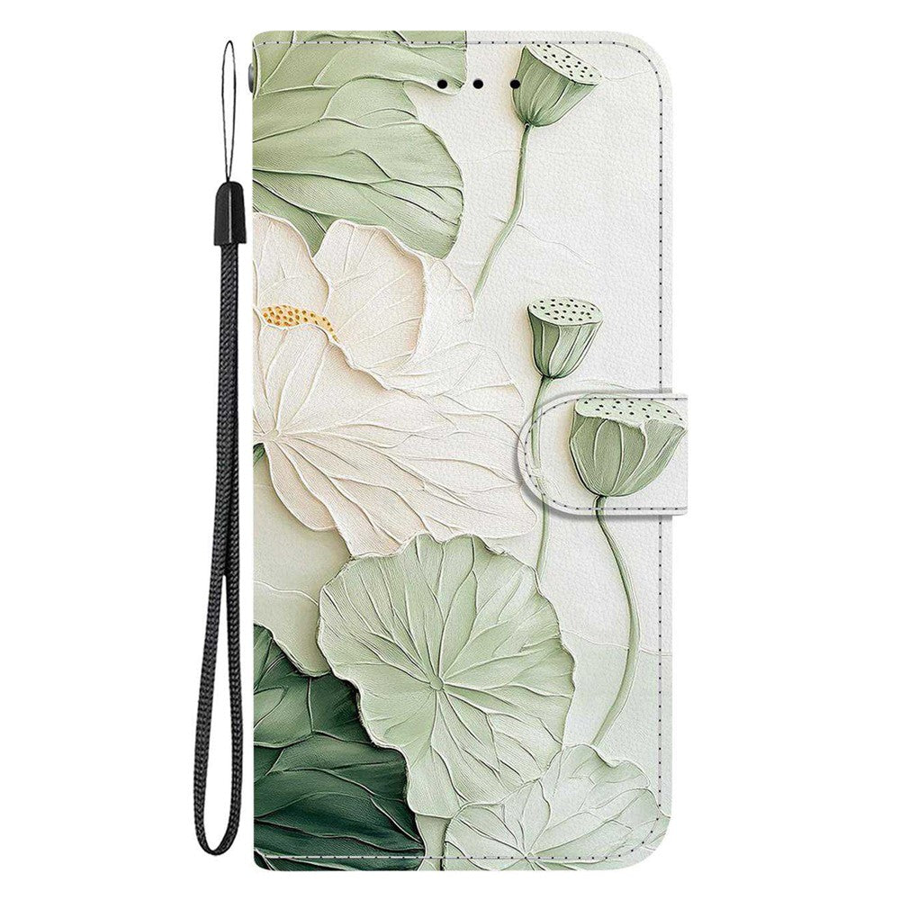For iPhone 17 Pro Max Wallet Case Pattern Printing Leather Stand Phone Cover with Strap - Lotus