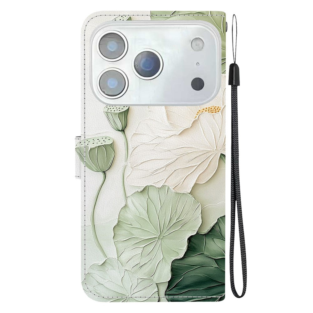 For iPhone 17 Pro Max Wallet Case Pattern Printing Leather Stand Phone Cover with Strap - Lotus