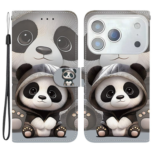 For iPhone 17 Pro Max Wallet Case Pattern Printing Leather Stand Phone Cover with Strap - Panda