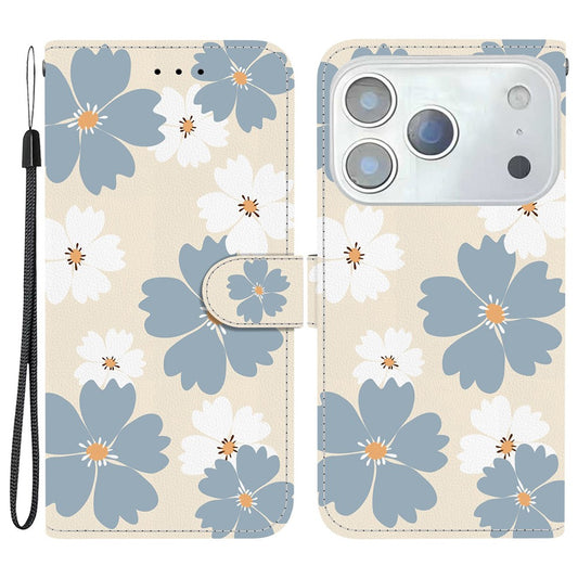 For iPhone 17 Pro Max Wallet Case Pattern Printing Leather Stand Phone Cover with Strap - Blue Daisy