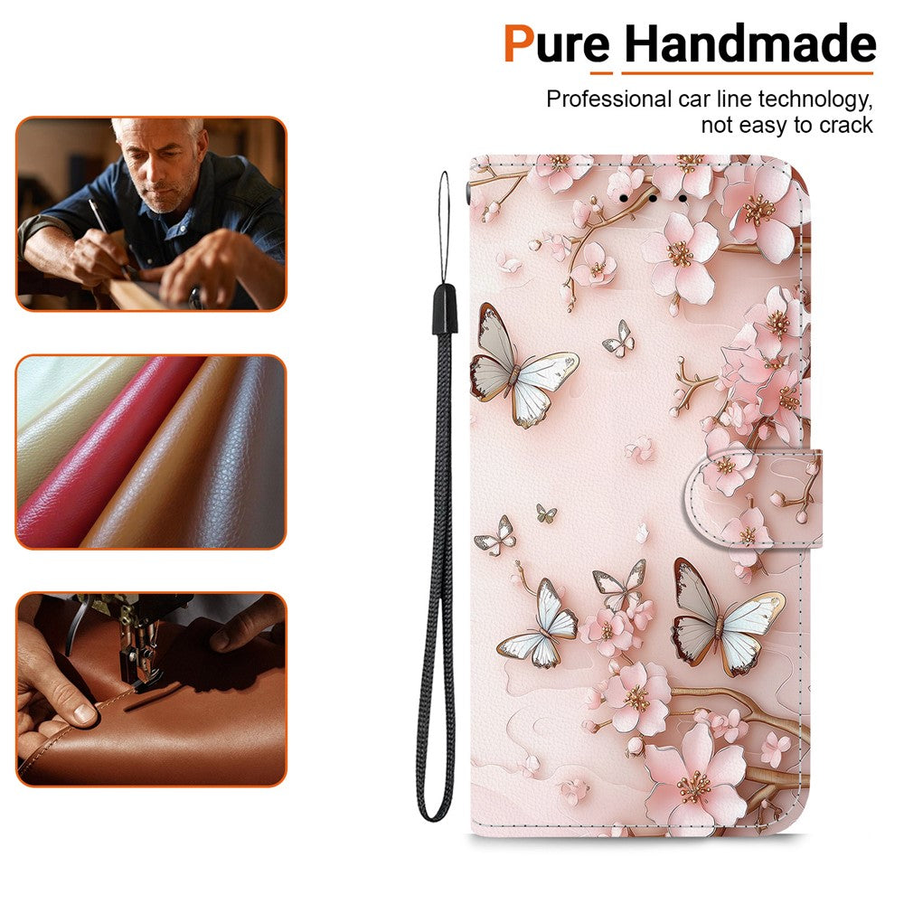 For iPhone 17 Pro Max Wallet Case Pattern Printing Leather Stand Phone Cover with Strap - Pink Butterfly