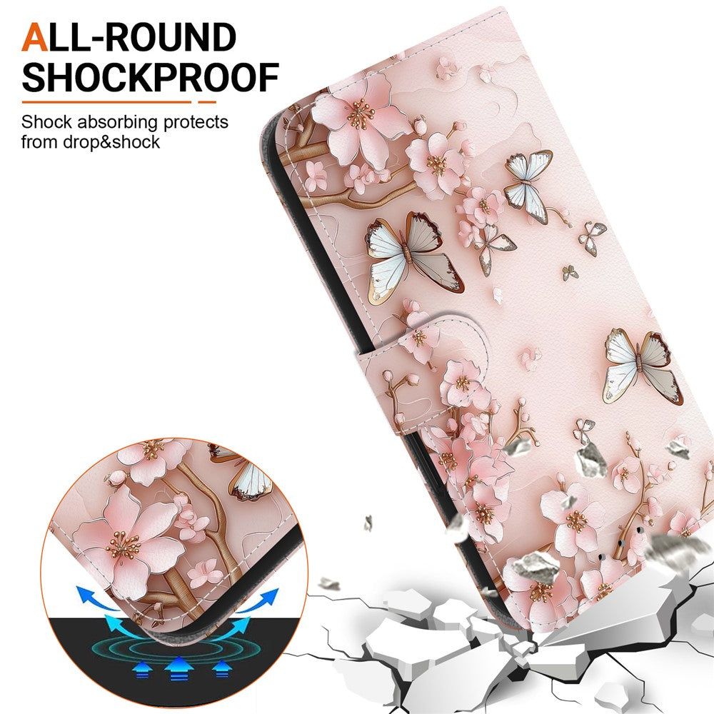 For iPhone 17 Pro Max Wallet Case Pattern Printing Leather Stand Phone Cover with Strap - Pink Butterfly