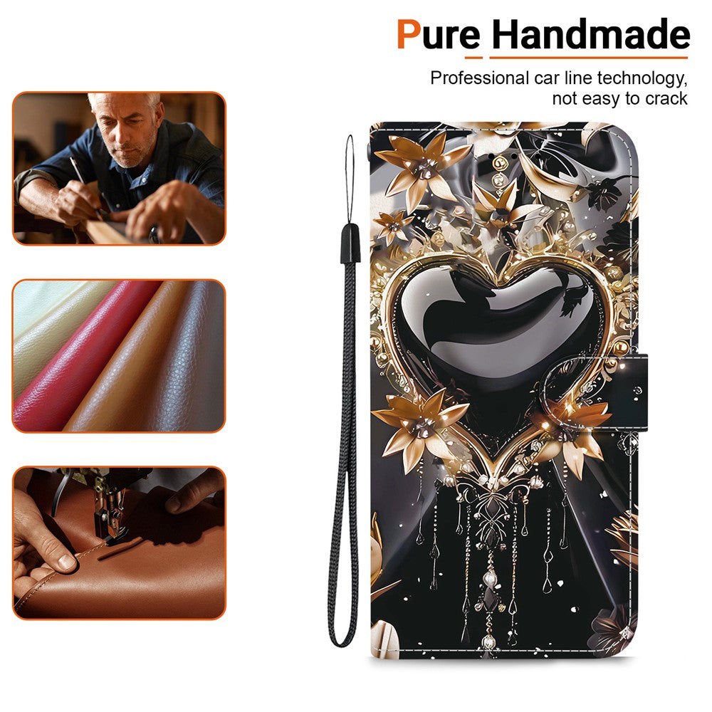 For iPhone 17 Pro Max Wallet Case Pattern Printing Leather Stand Phone Cover with Strap - Black Gold Heart