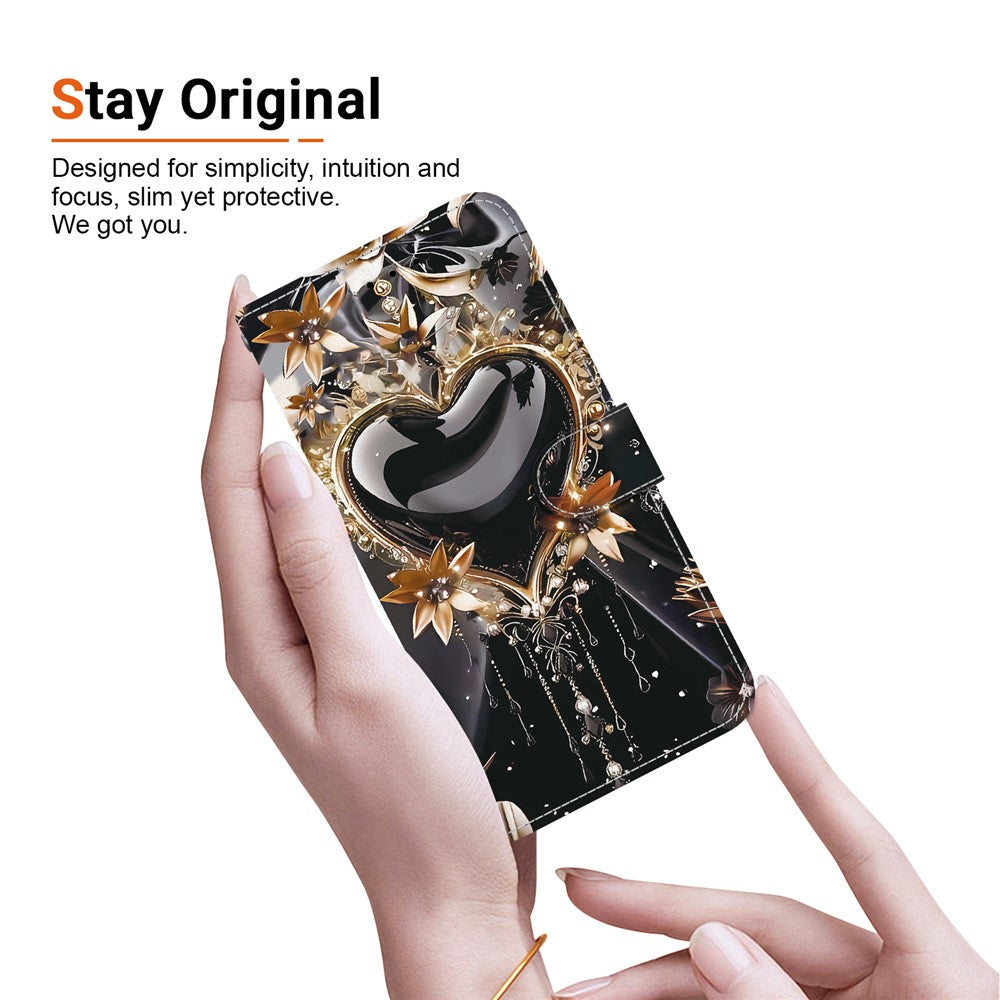 For iPhone 17 Pro Max Wallet Case Pattern Printing Leather Stand Phone Cover with Strap - Black Gold Heart