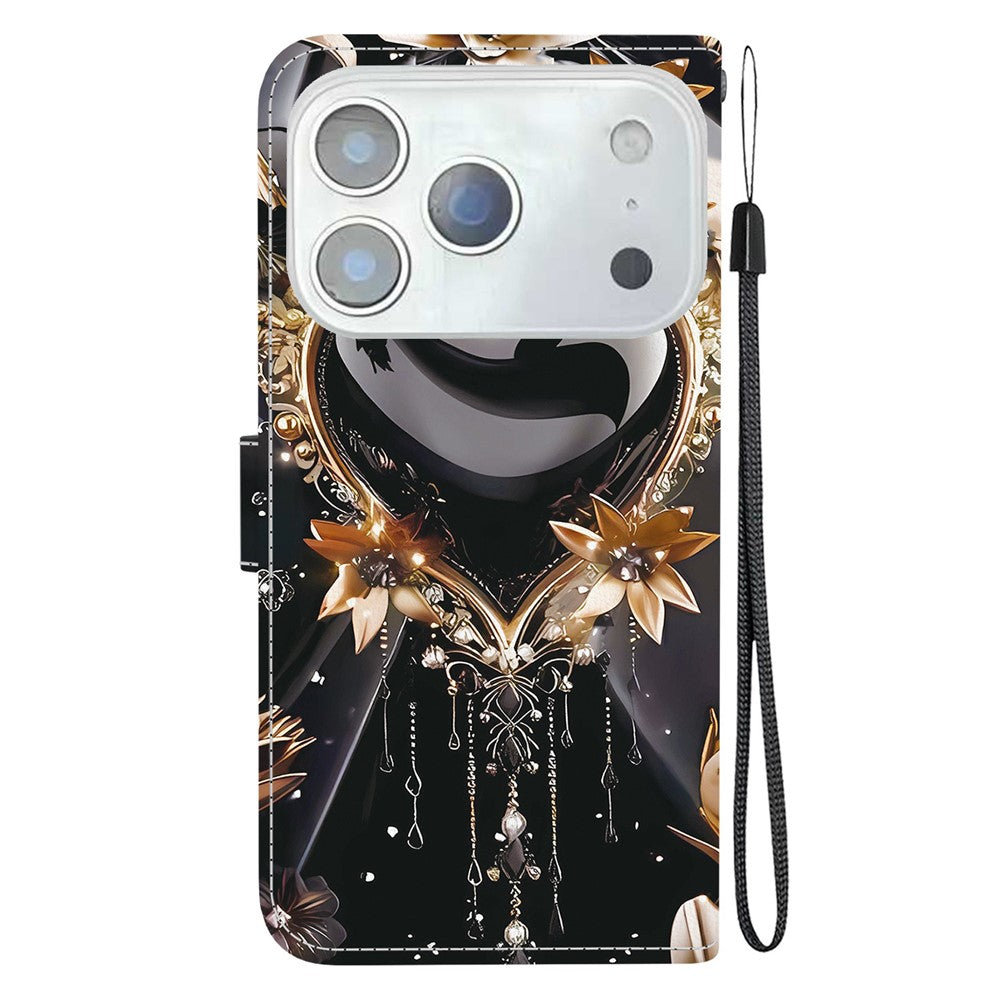 For iPhone 17 Pro Max Wallet Case Pattern Printing Leather Stand Phone Cover with Strap - Black Gold Heart