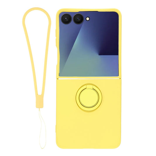 For Samsung Galaxy Z Flip7 5G Silicone Case with Strap Ring Kickstand Phone Cover - Yellow