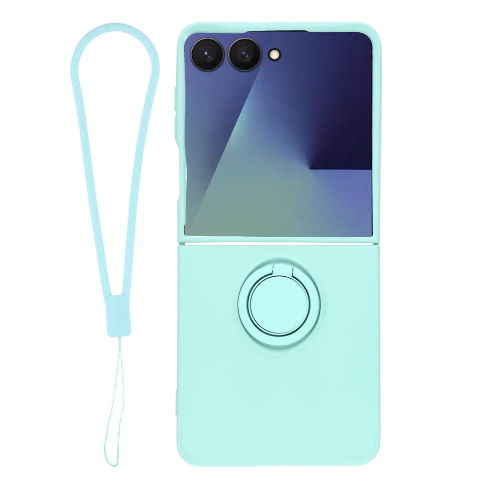 For Samsung Galaxy Z Flip7 5G Silicone Case with Strap Ring Kickstand Phone Cover - Sky Blue