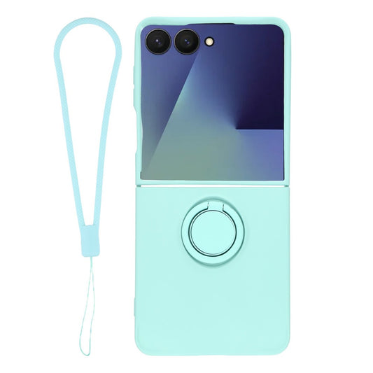 For Samsung Galaxy Z Flip7 5G Silicone Case with Strap Ring Kickstand Phone Cover - Sky Blue