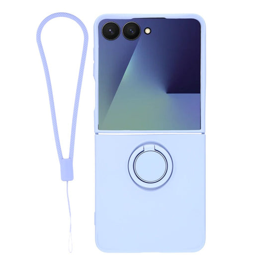 For Samsung Galaxy Z Flip7 5G Silicone Case with Strap Ring Kickstand Phone Cover - Light Purple