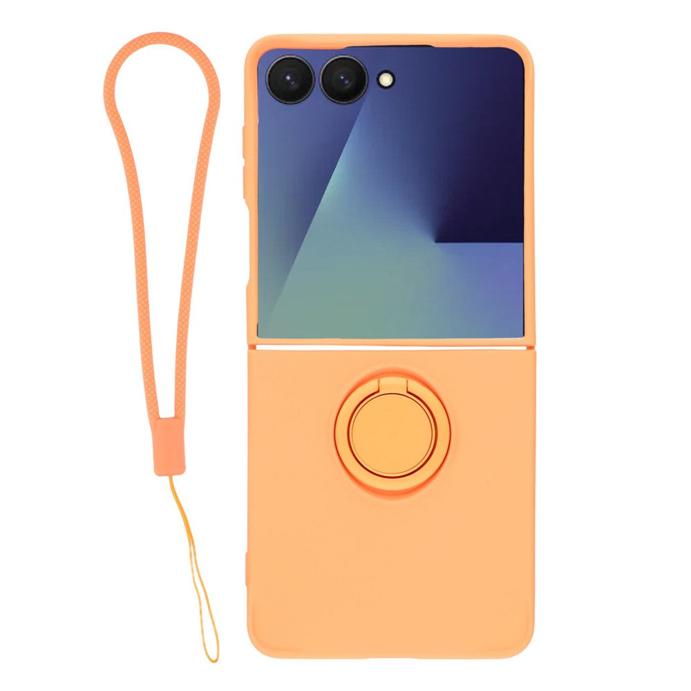 For Samsung Galaxy Z Flip7 5G Silicone Case with Strap Ring Kickstand Phone Cover - Orange