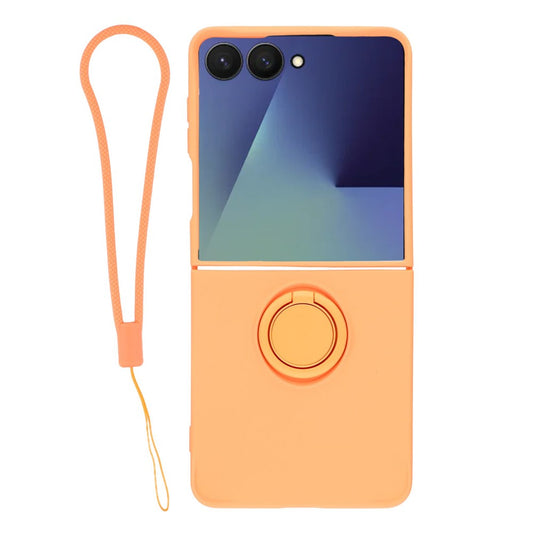 For Samsung Galaxy Z Flip7 5G Silicone Case with Strap Ring Kickstand Phone Cover - Orange