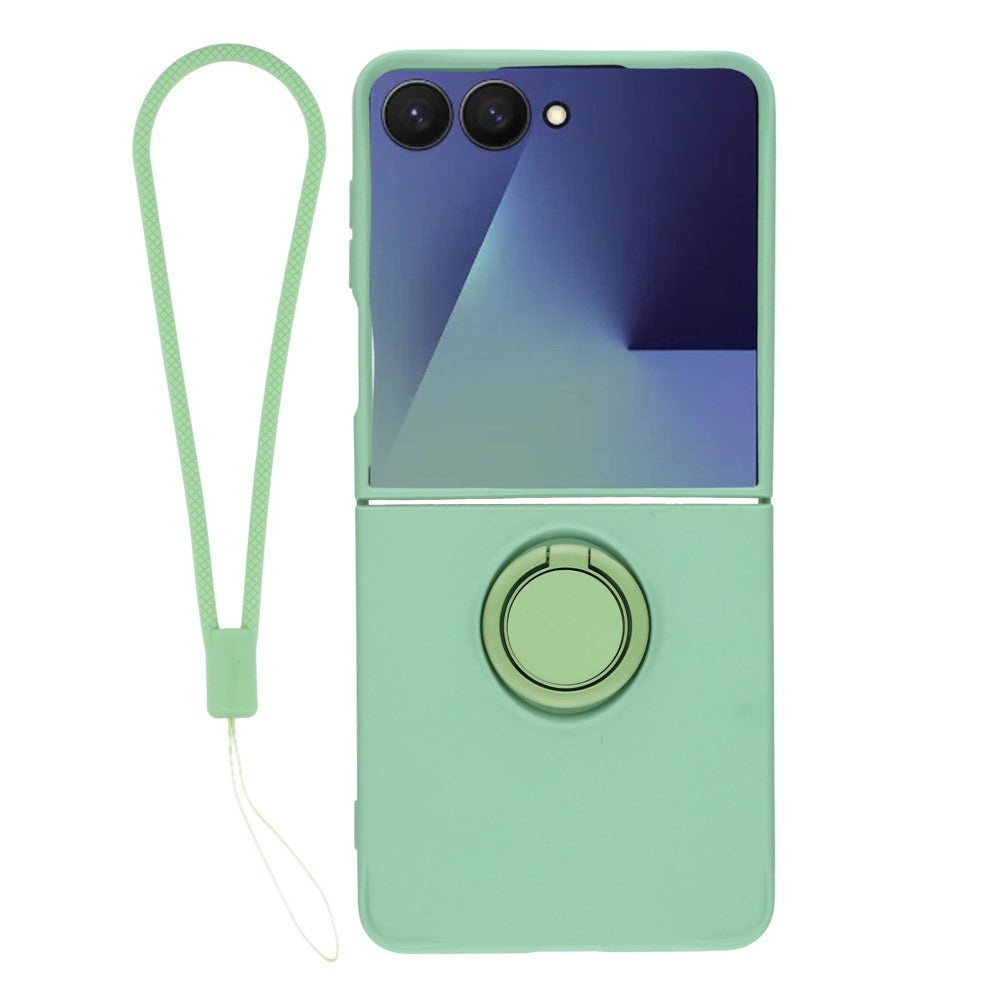 For Samsung Galaxy Z Flip7 5G Silicone Case with Strap Ring Kickstand Phone Cover - Green