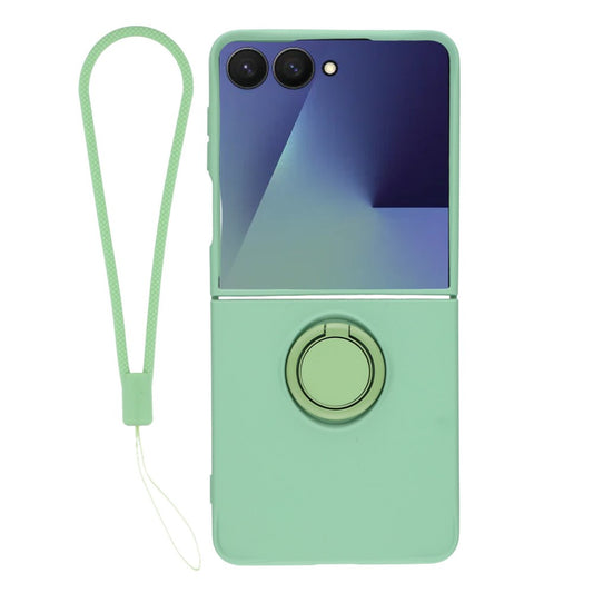 For Samsung Galaxy Z Flip7 5G Silicone Case with Strap Ring Kickstand Phone Cover - Green