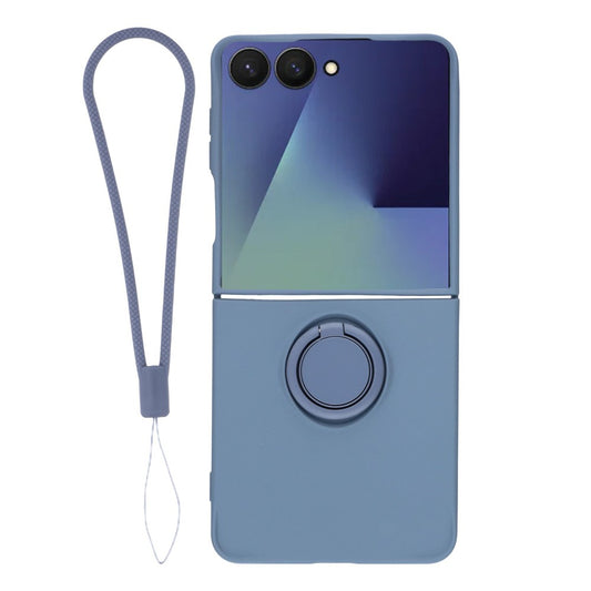 For Samsung Galaxy Z Flip7 5G Silicone Case with Strap Ring Kickstand Phone Cover - Dark Blue