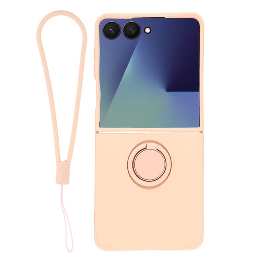 For Samsung Galaxy Z Flip7 5G Silicone Case with Strap Ring Kickstand Phone Cover - Pink