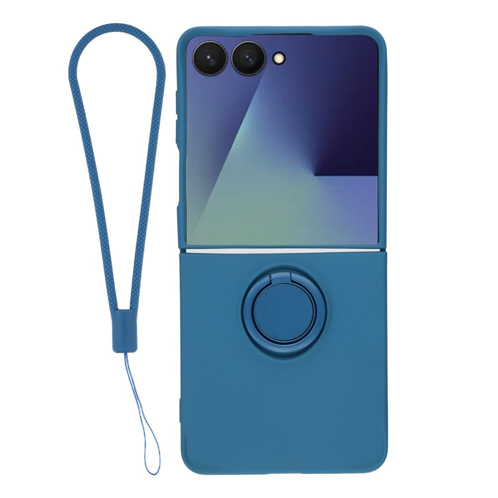 For Samsung Galaxy Z Flip7 5G Silicone Case with Strap Ring Kickstand Phone Cover - Midnight Blue